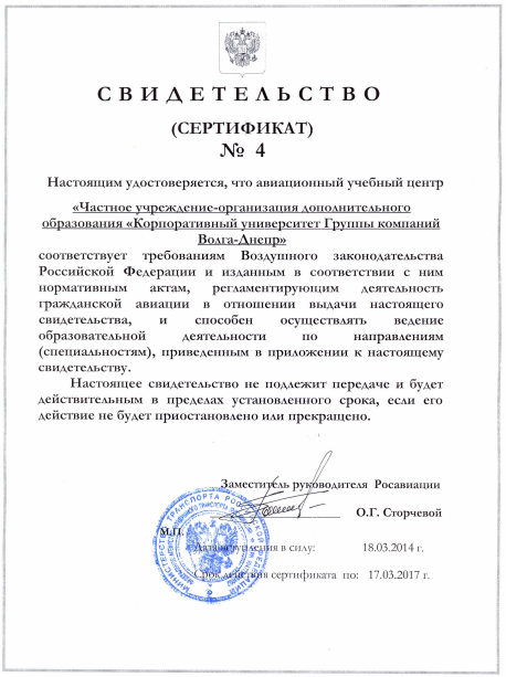 Свидетельство (Сертификат) о соответствии требованиям Воздушного законодательства РФ